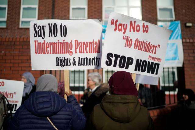 Protests outside the Parkwood school in Birmingham. Credit: Christopher Furlong/Getty 