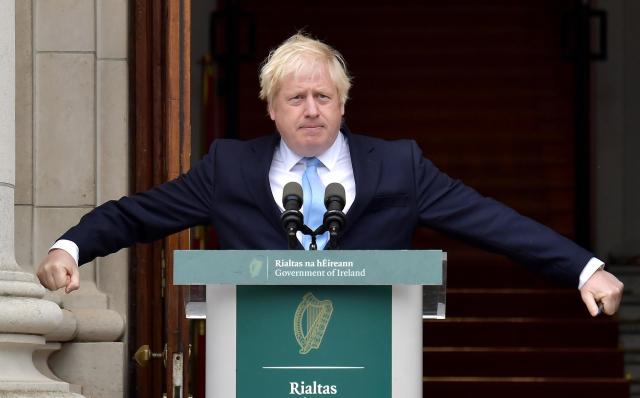 DUBLIN, IRELAND - SEPTEMBER 09: British Prime Minister Boris Johnson speaks to the media ahead of his meeting with Irish Taoiseach Leo Varadkar at Government Buildings on September 9, 2019 in Dublin, Ireland. The meeting between the Prime Minister and the Taoiseach focused on Brexit negotiations, with Varadkar warning Johnson that leaving the EU with no deal risked causing instability in Northern Ireland. (Photo by Charles McQuillan/Getty Images)
