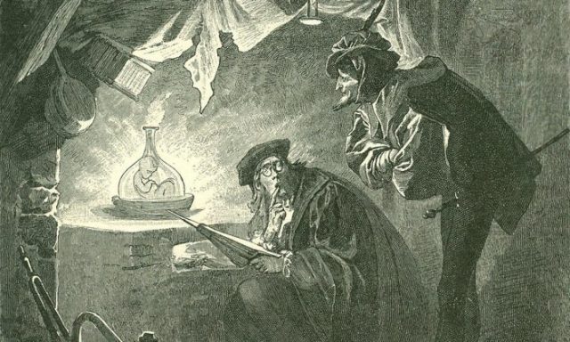An illustration of a homunculus in a vial by Franz Xaver Simm, 1899.