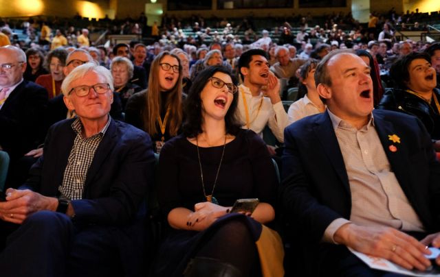 The last gasp? From left, Norman Lamb, Layla Moran and Ed Davey (party leader) on the final day of the Lib Dem Spring Conference, 2019. Credit: Ian Forsyth/Getty