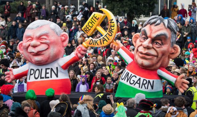 The 2018 Rose Monday Parade in Dusseldorf mocking liberal Europe's new bêtes noires. Photo by Lukas Schulze/Getty Images