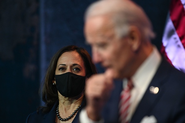 Eyes on the prize. Kamala Harris watches Joe Biden. Credit: Roberto Schmidt/AFP/ Getty