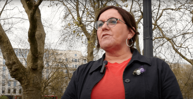 Denise Fahmy at the #SaveWomensSports rally in Hyde Park, London. Credit: YouTube