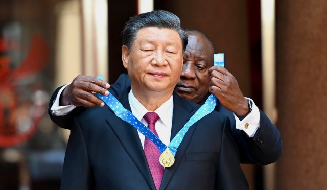 Xi and South Africa's Cyril Rampahosa at this week's Brics summit (Deaan Vivier/Beeld/Gallo Images via Getty Images)