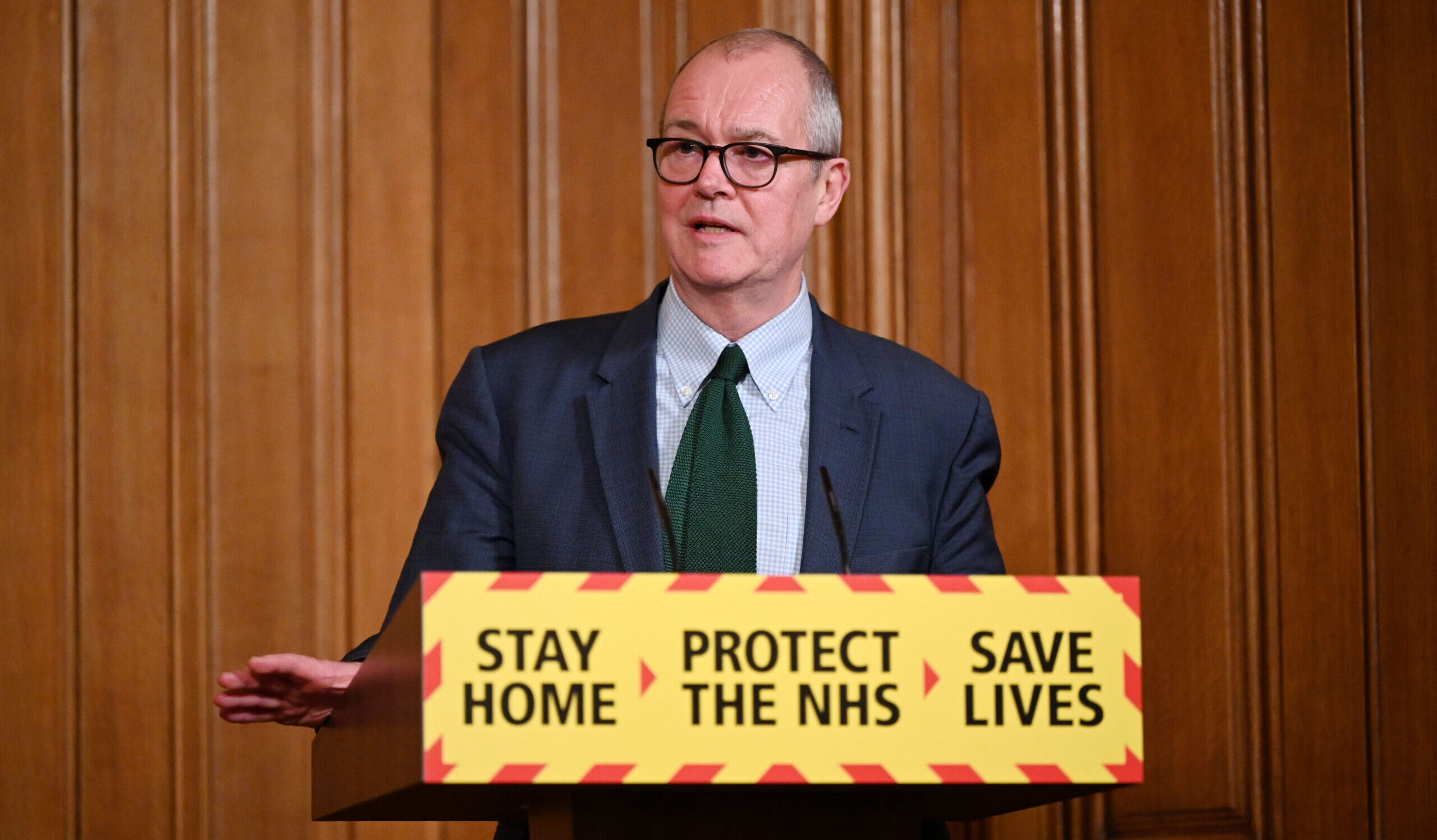 Patrick Vallance speaks during a televised press conference at 10 Downing Street in February 2021. Credit: Getty