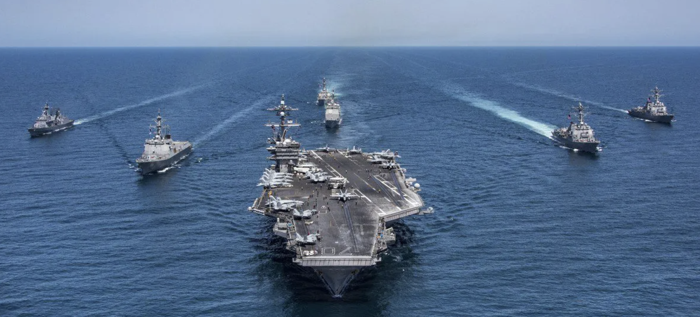 US Navy ships perform a military exercise in the Red Sea, 2020. Credit: Getty