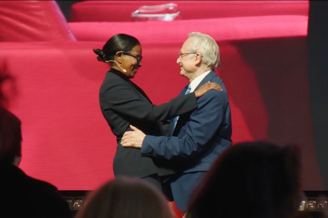 Ayaan Hirsi Ali and Richard Dawkins embrace after their debate (UnHerd)