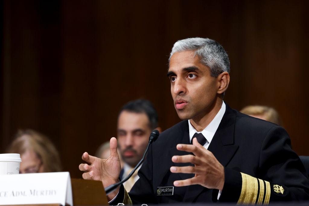 US Surgeon General Vivek Murthy during a Senate hearing last year on the youth mental health crisis. Credit: Getty