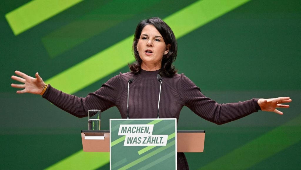 German Foreign Minister Annalena Baerbock speaks at a Greens event in November. Credit: Getty