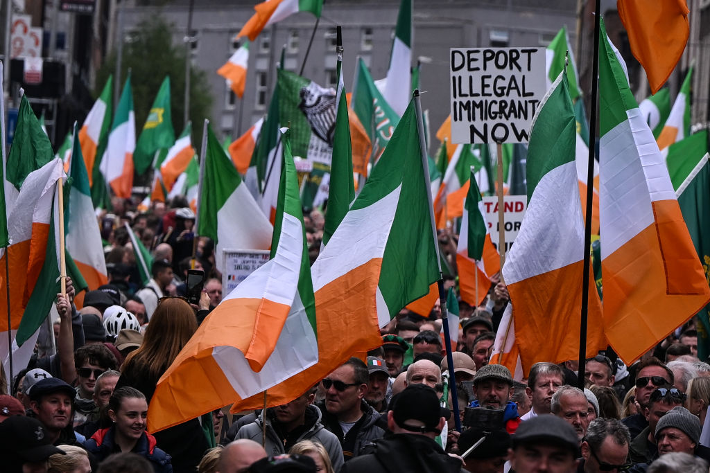 Thousands of Irish anti-immigration protesters march through Dublin last month. Credit: Getty