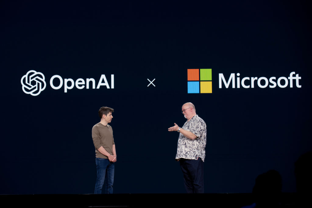 OPenAI CEO Sam Altman and Microsoft CTO Kevin Scott at a Microsoft event in Seattle last month. Credit: Getty
