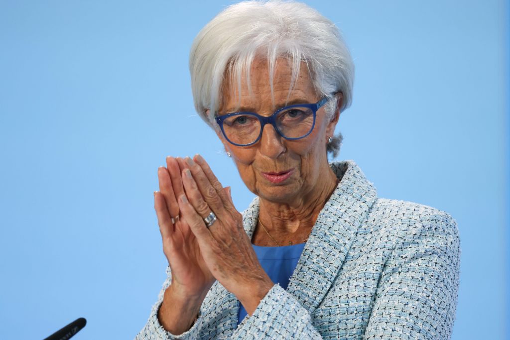 European Central Bank President Christine Lagarde speaks at a rates decision news conference in Frankfurt yesterday. Credit: Getty