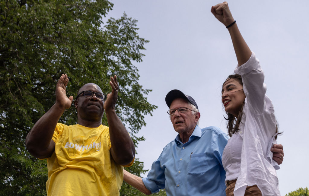 Jamaal Bowman, Bernie Sanders and Alexandria Ocasio-Cortez rally supporters in New York on Saturday. Credit: Getty