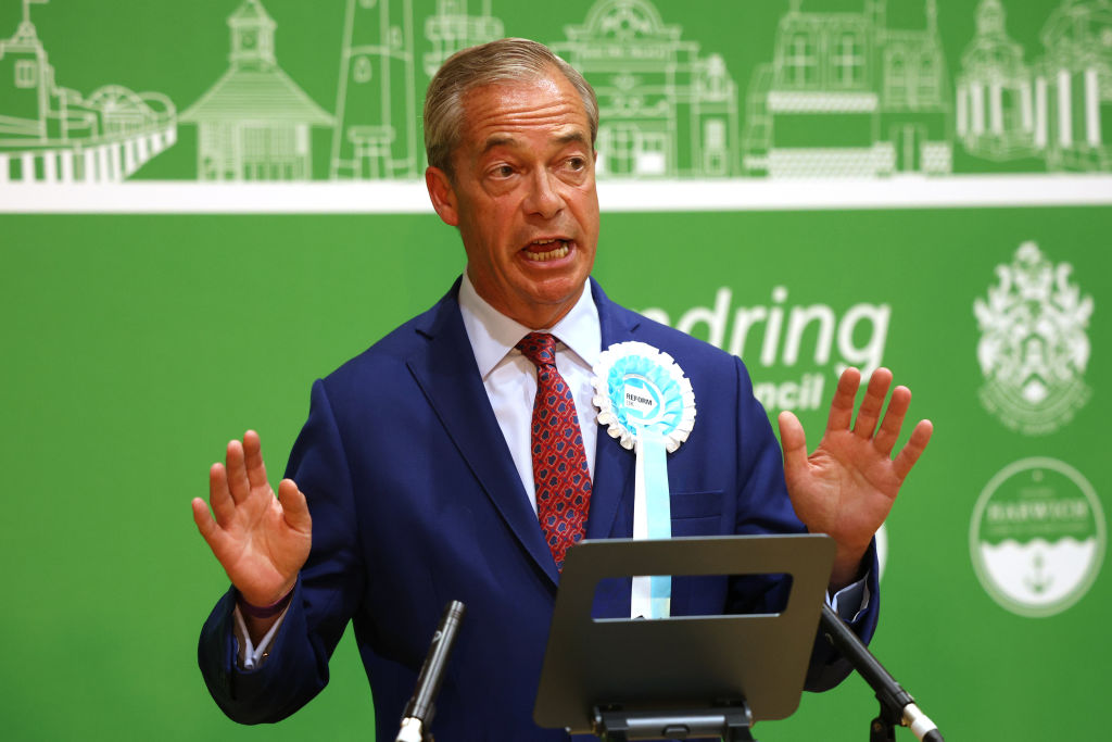 Nigel Farage speaks after winning the Clacton and Harwich constituency last night. Credit: Getty