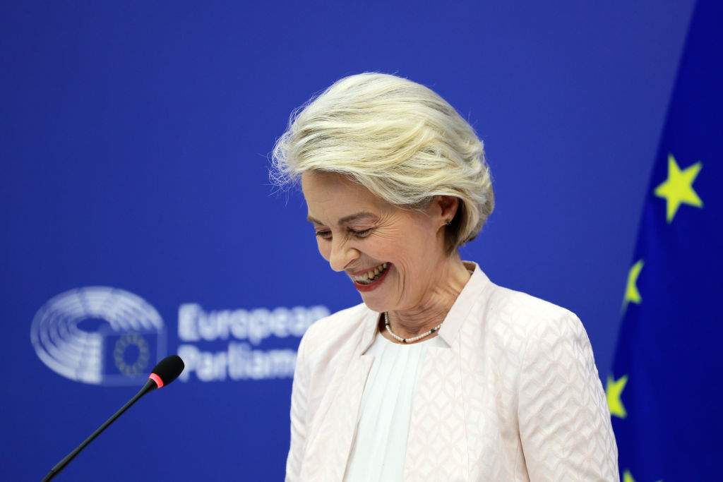 Ursula von der Leyen addresses the media following her re-election today. Credit: Getty