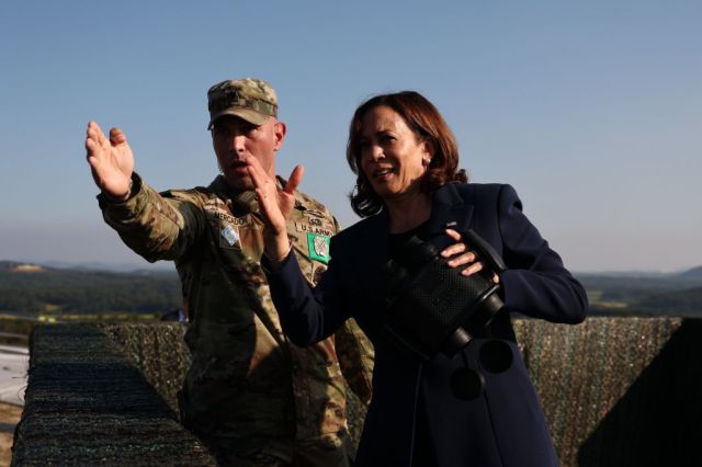 Harris on a visit to one of the world's more secure borders in South Korea. (Credit: SeongJoon Cho Getty Images)