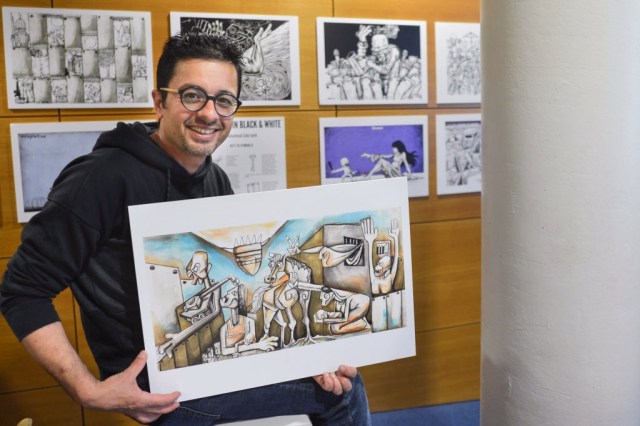 Palestinian artist and award-winning political cartoonist, Mohammad Sabaaneh, during the 'Art & Resistance in Palestine' event hosted by Trinity BDS Campaign and Trinity College Students' Union.
On Friday, March 29, 2019, in Dublin, Ireland. (Photo by Artur Widak/NurPhoto)