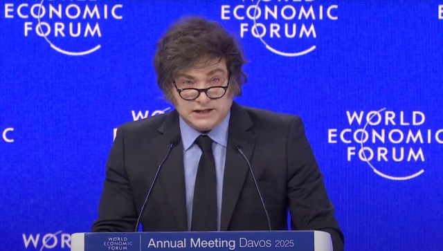 Javier Milei addresses the World Economic Forum in Davos today. Credit: World Economic Forum