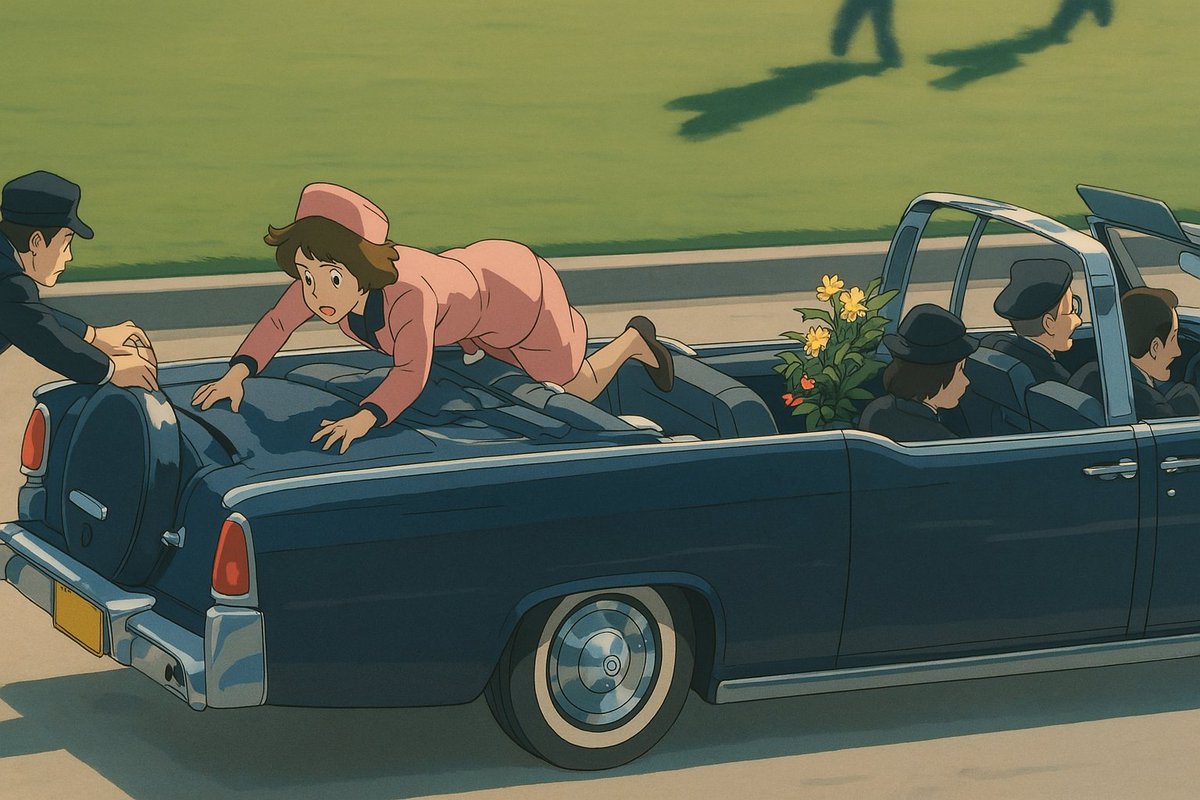The JFK assassination, as imagined by Hayao Miyazaki (sort of). Credit: X