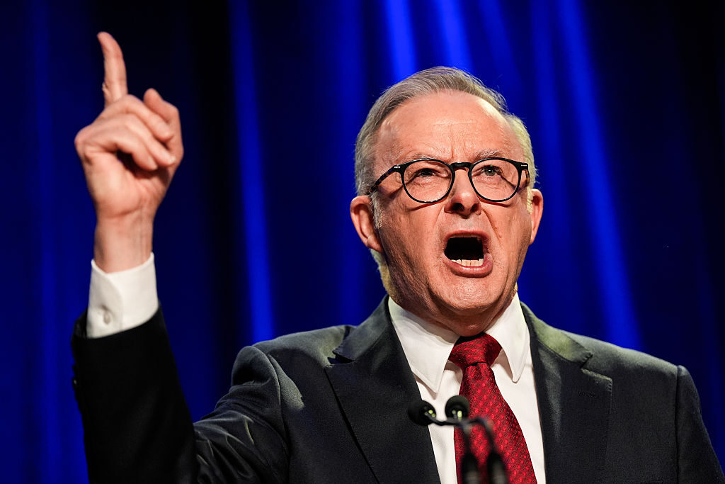 Prime Minister Anthony Albanese delivers a victory speech in Sydney on election night. Credit Getty