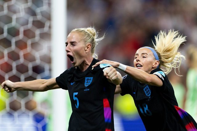 Alex Greenwood, left, and Chloe Kelly celebrate England's equaliser in their semi-final. Photo by Ane Frosaker/Sports Press Photo/Getty Images