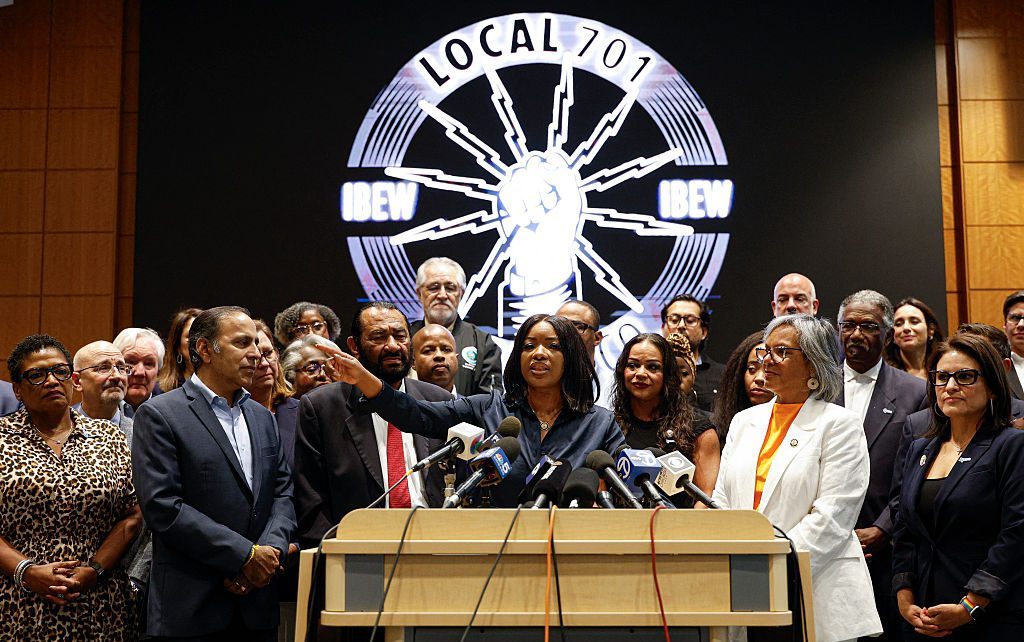 Jasmine Crockett speaks in front of fellow Texas Democrats in Illinois on Monday. Credit: Getty