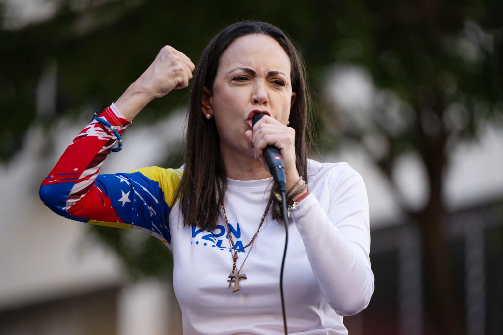 María Corina Machado speaks at a protest in Caracas in January. Credit: Getty