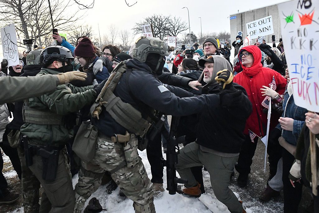 Anti-ICE protesters clash with agents in Minneapolis last week. Credit: Getty