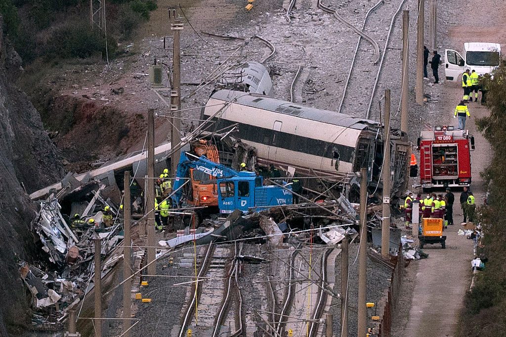 The aftermath of Sunday evening’s crash near Córdoba, which killed over 40 people. Credit: Getty